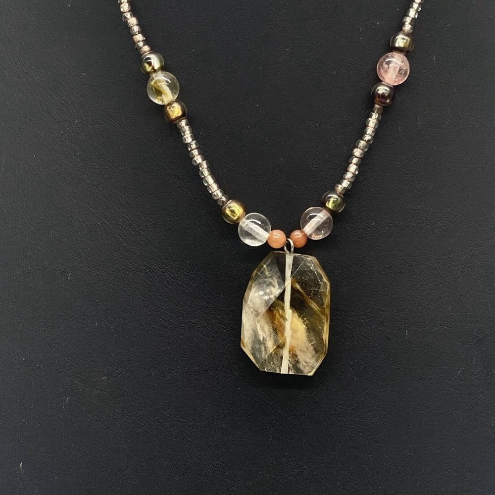 925 Sterling Silver Stone and Beaded Pendant Necklace Adjustable 20 inches - Picture 2 of 8